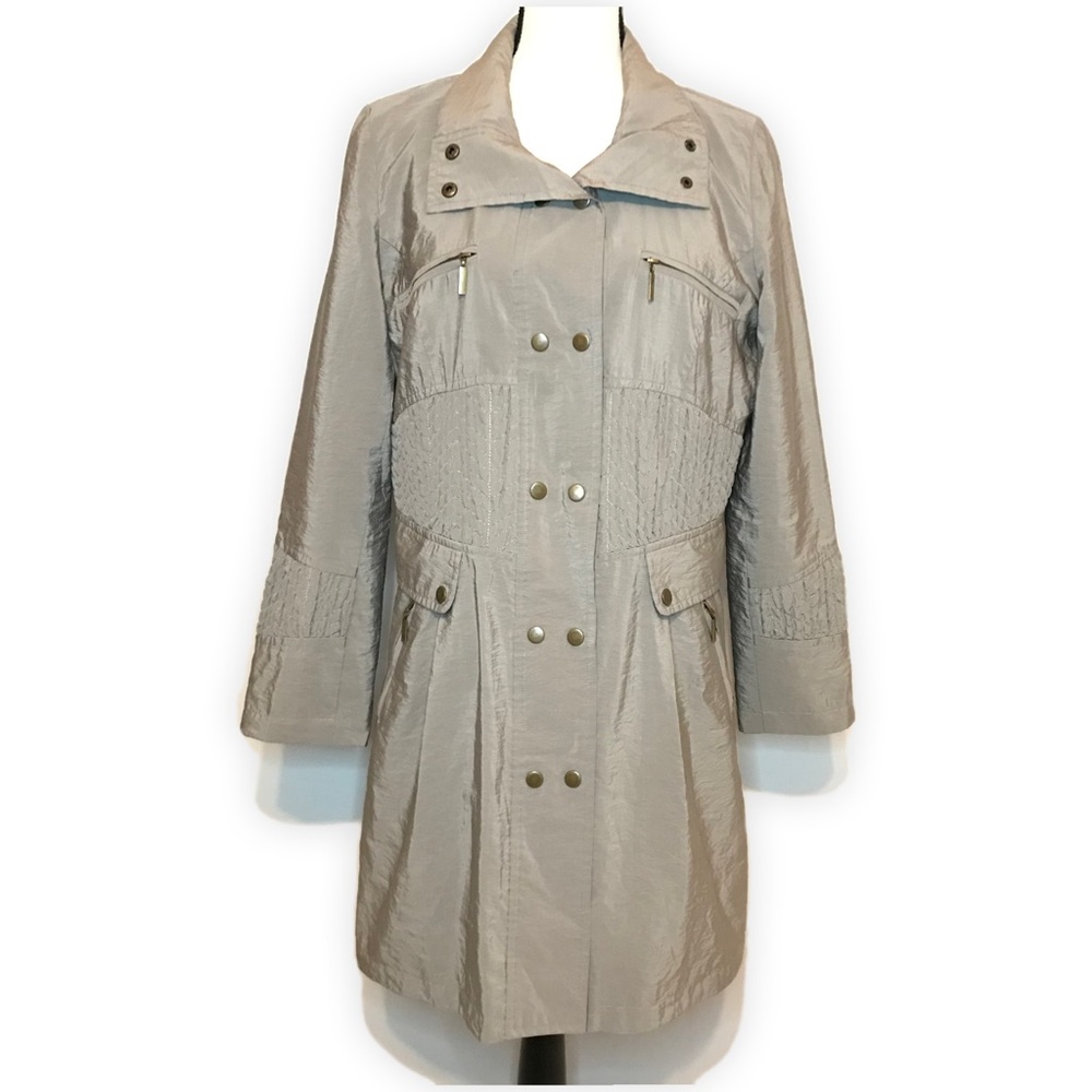 Gorgeous Flair Shimmer Trench Style Jacket Button Up Size Large Gray